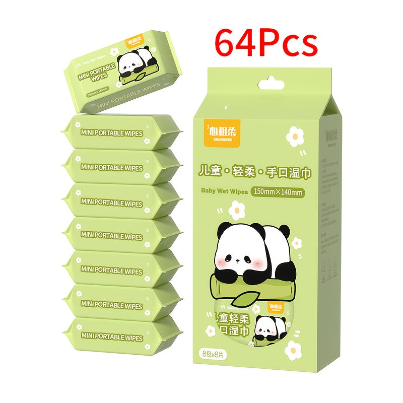 64pcs Mini Portable Wet Wipes, Alcohol Free Disposable Wet Towels for Travel, on The Go Use, Men & Women, Pet Safe, Perfect Stocking Xmas Gift, Cute Panda Pattern